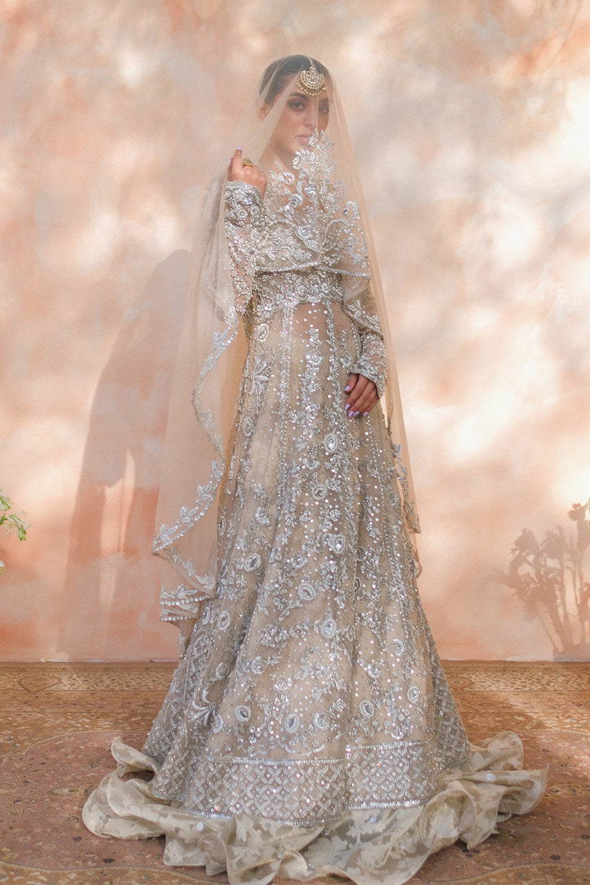 Pakistani Bone Zardozi Resham Tulle Pishwas Dress (3-Piece) - Image 2