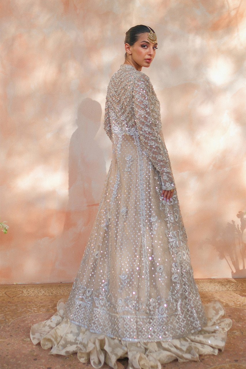 Pakistani Bone Zardozi Resham Tulle Pishwas Dress (3-Piece) - Image 3