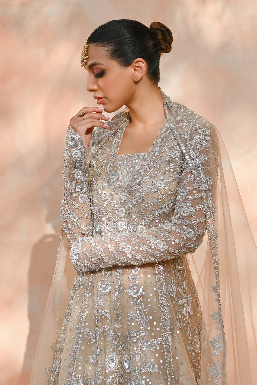 Pakistani Bone Zardozi Resham Tulle Pishwas Dress (3-Piece) - Image 4