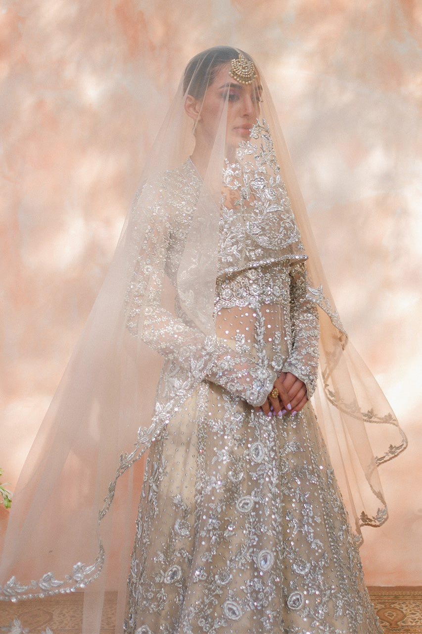 Pakistani Bone Zardozi Resham Tulle Pishwas Dress (3-Piece) - Image 5