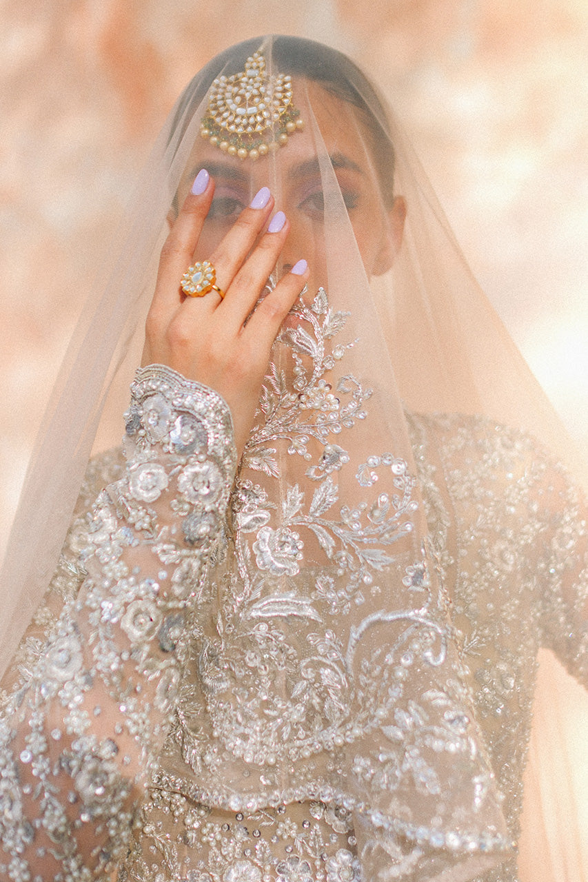 Pakistani Bone Zardozi Resham Tulle Pishwas Dress (3-Piece) - Image 6