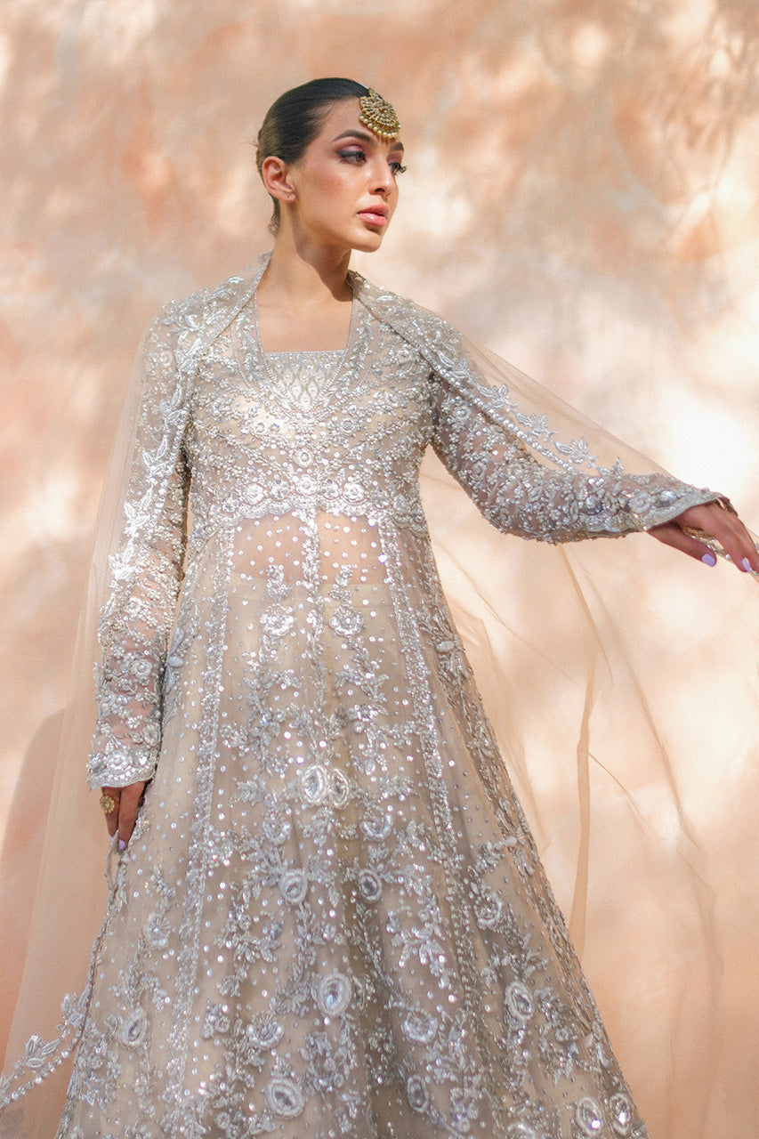 Pakistani Bone Zardozi Resham Tulle Pishwas Dress (3-Piece) - Image 7