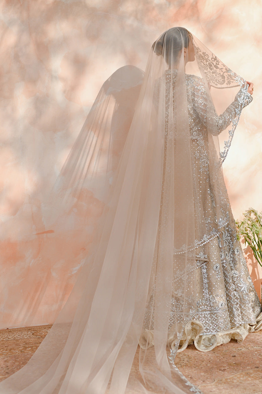 Pakistani Bone Zardozi Resham Tulle Pishwas Dress (3-Piece) - Image 8