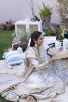 Pakistani Off-White Ari Embroidered Zari Cotton Net Pishwas (3-Piece) - Image 5