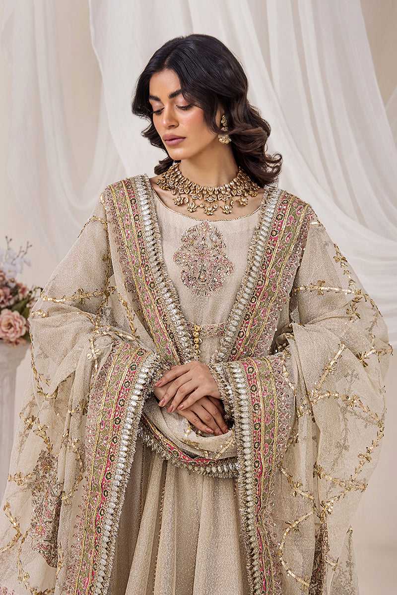 Golden Ivory Zari Net Pishwas Dress (3-Piece) - Image 1