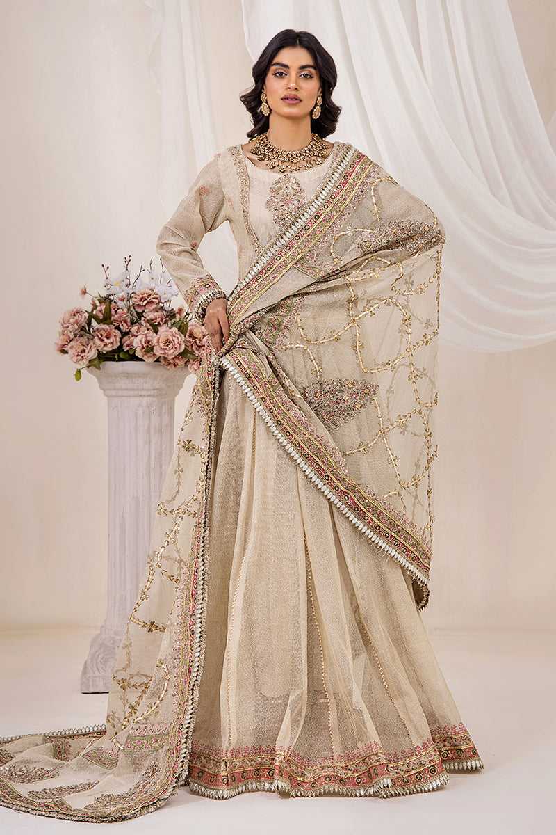 Golden Ivory Zari Net Pishwas Dress (3-Piece) - Image 2