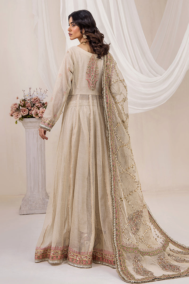 Golden Ivory Zari Net Pishwas Dress (3-Piece) - Image 3