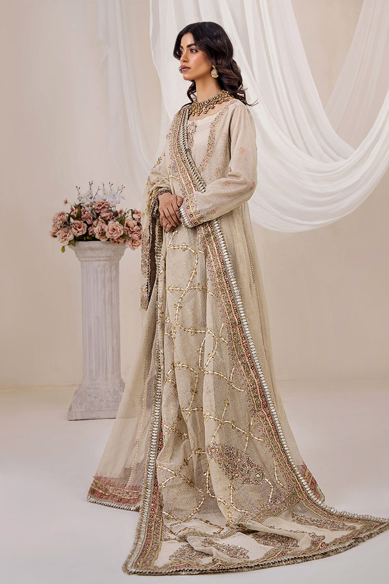 Golden Ivory Zari Net Pishwas Dress (3-Piece) - Image 4