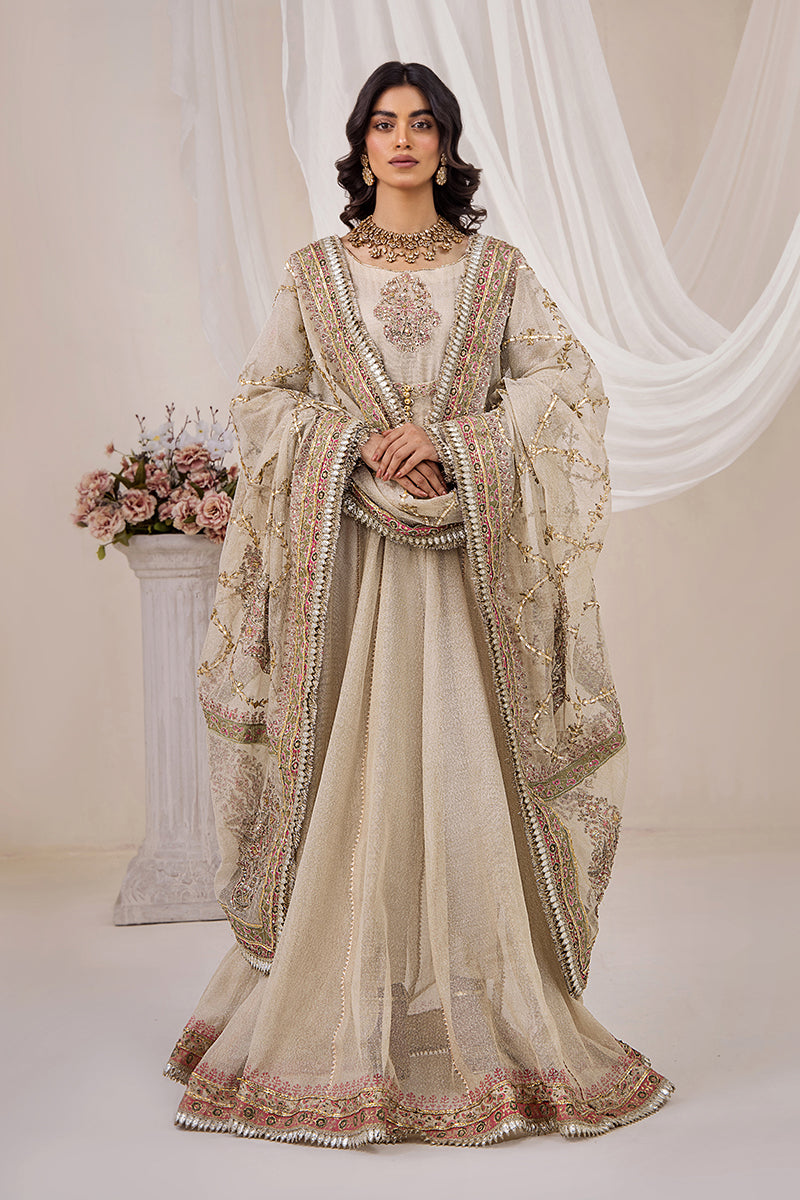 Golden Ivory Zari Net Pishwas Dress (3-Piece) - Image 5