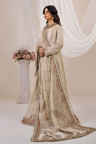 Pakistani Golden Ivory Zari Net Pishwas Dress (3-Piece) - Image 5
