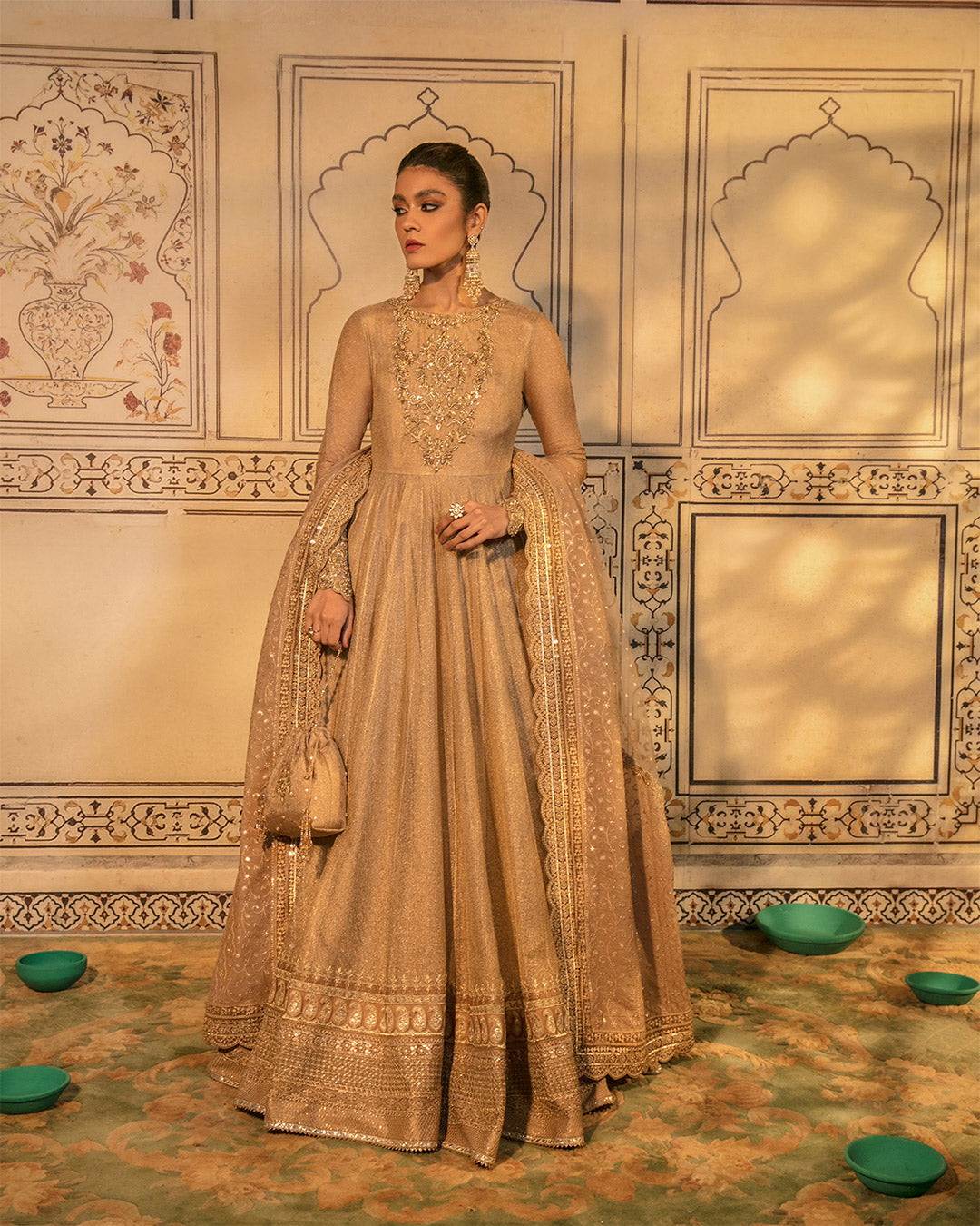 Ivory Beige Zari Net Embroidered Pishwas (3-Piece) - Image 1