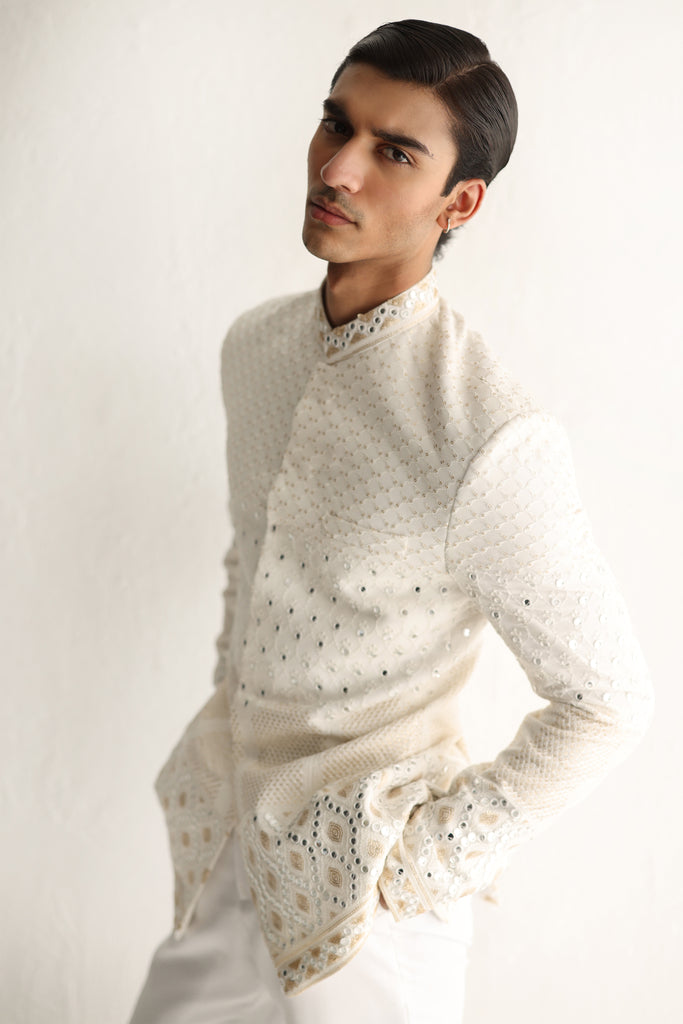 Ivory Mirror Work Embossed Prince Suit (2-Piece) - Image 1