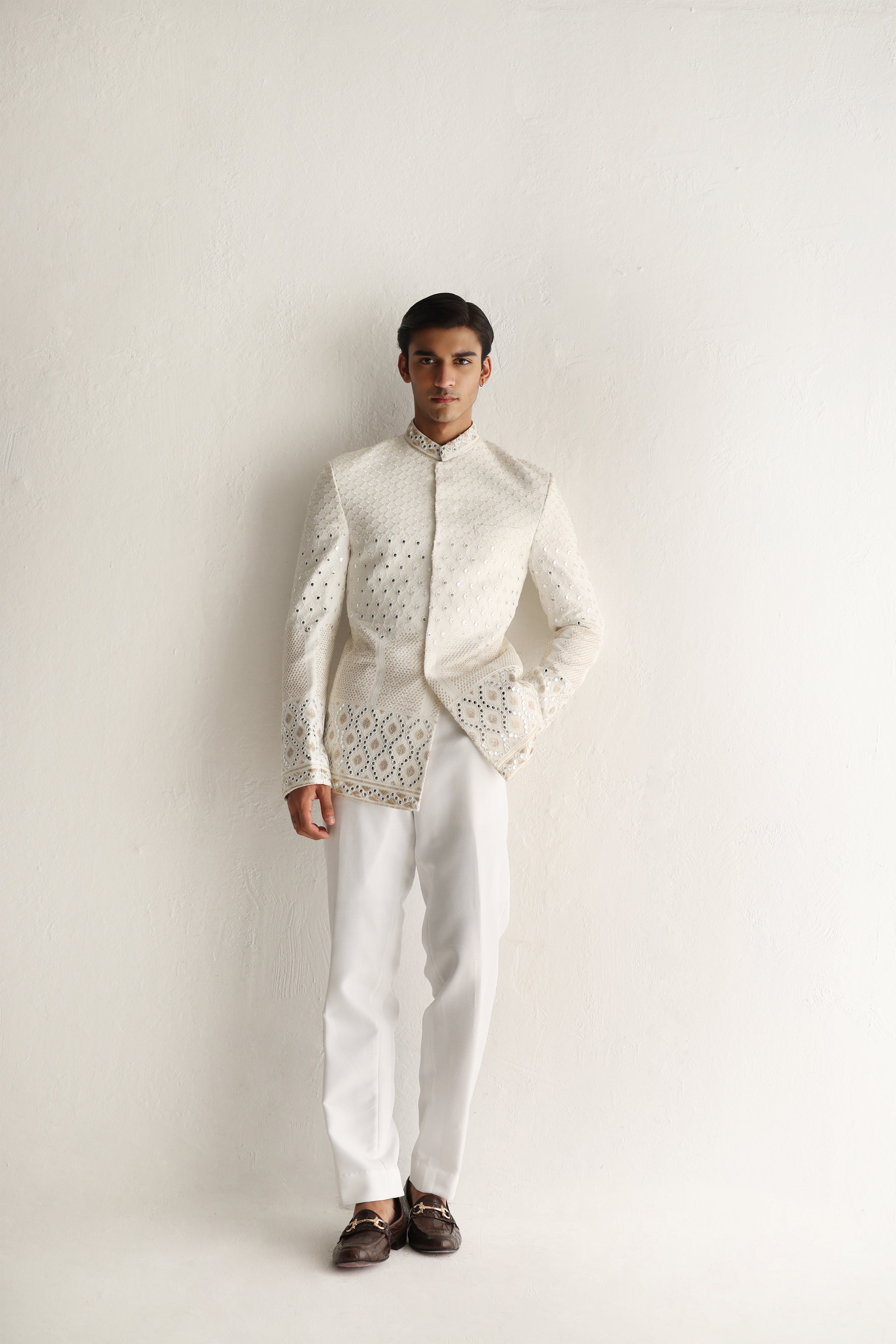 Ivory Mirror Work Embossed Prince Suit (2-Piece) - Image 4