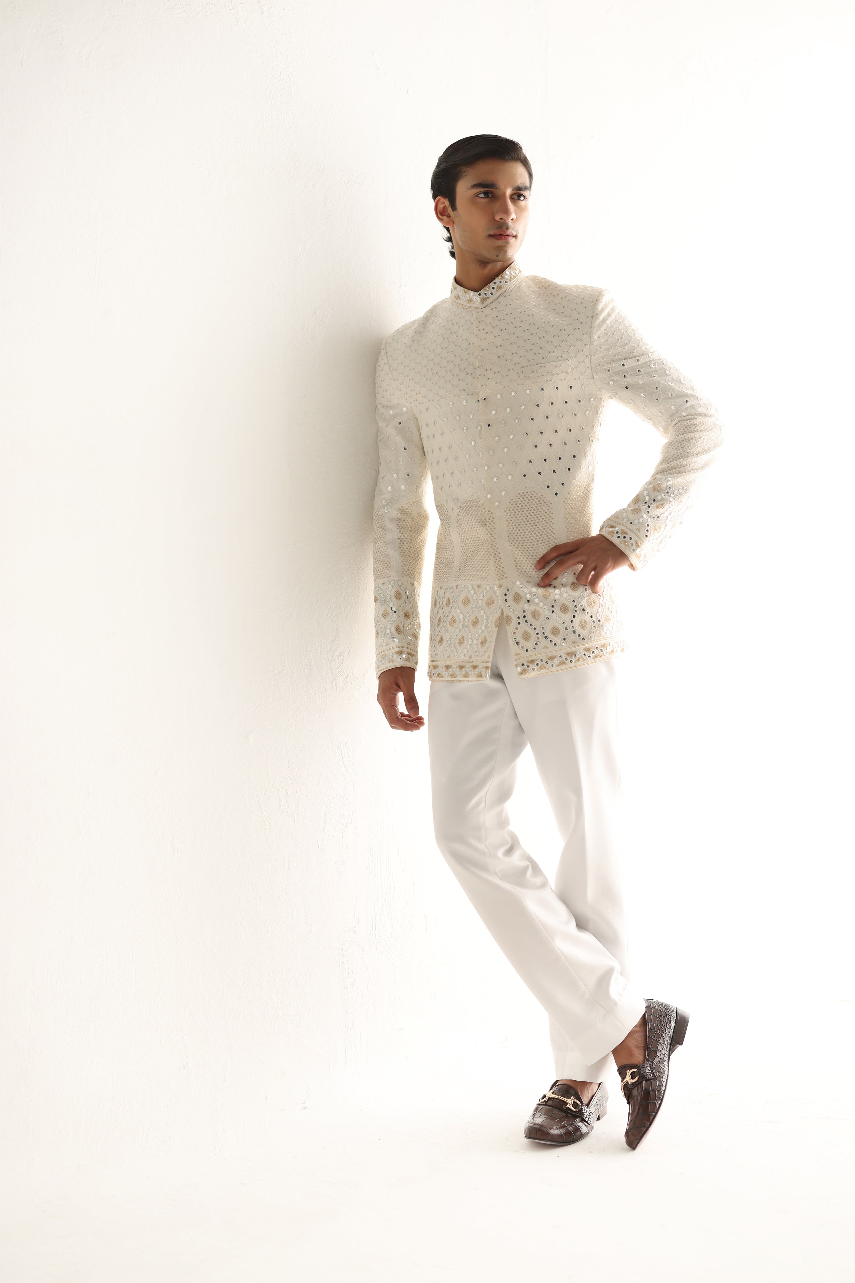 Ivory Mirror Work Embossed Prince Suit (2-Piece) - Image 5