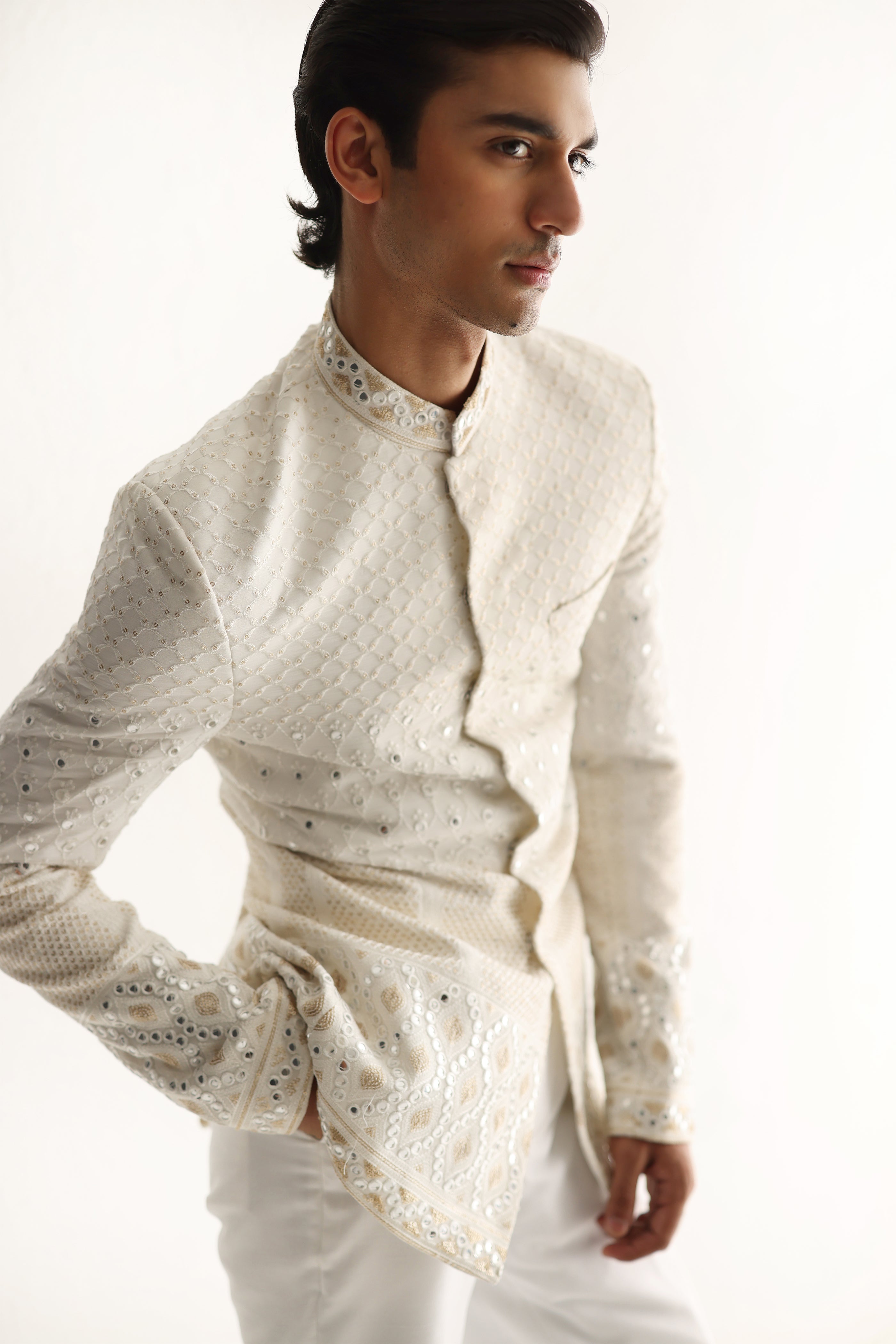 Ivory Mirror Work Embossed Prince Suit (2-Piece) - Image 6