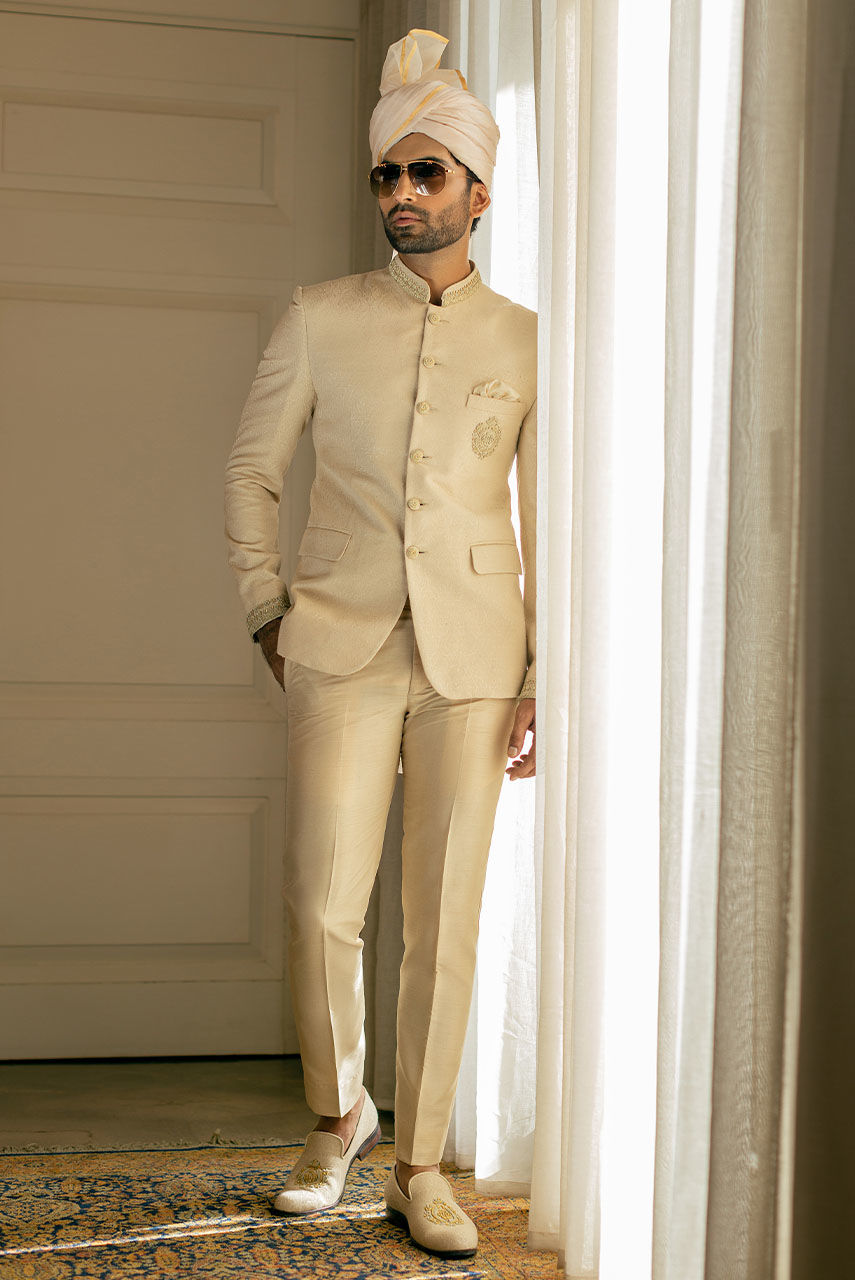 Off-White Hand Embroidered Atlas Jamawar Prince Coat (1-Pc) - Image 1