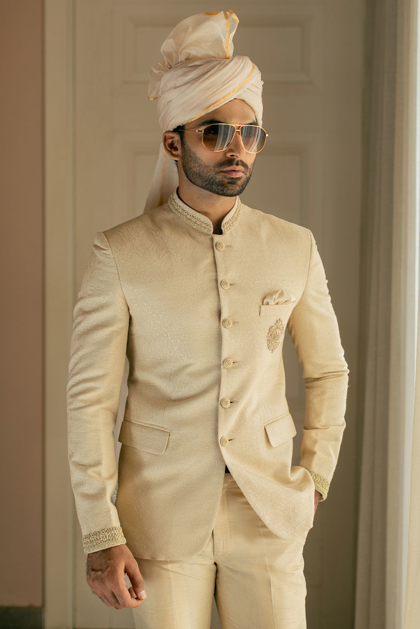 Off-White Hand Embroidered Atlas Jamawar Prince Coat (1-Pc) - Image 3