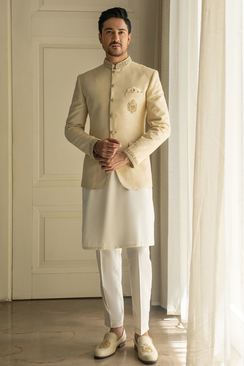Ivory Hand Embroidered Atlas Jamawar Prince Coat (3-Piece) - Image 1