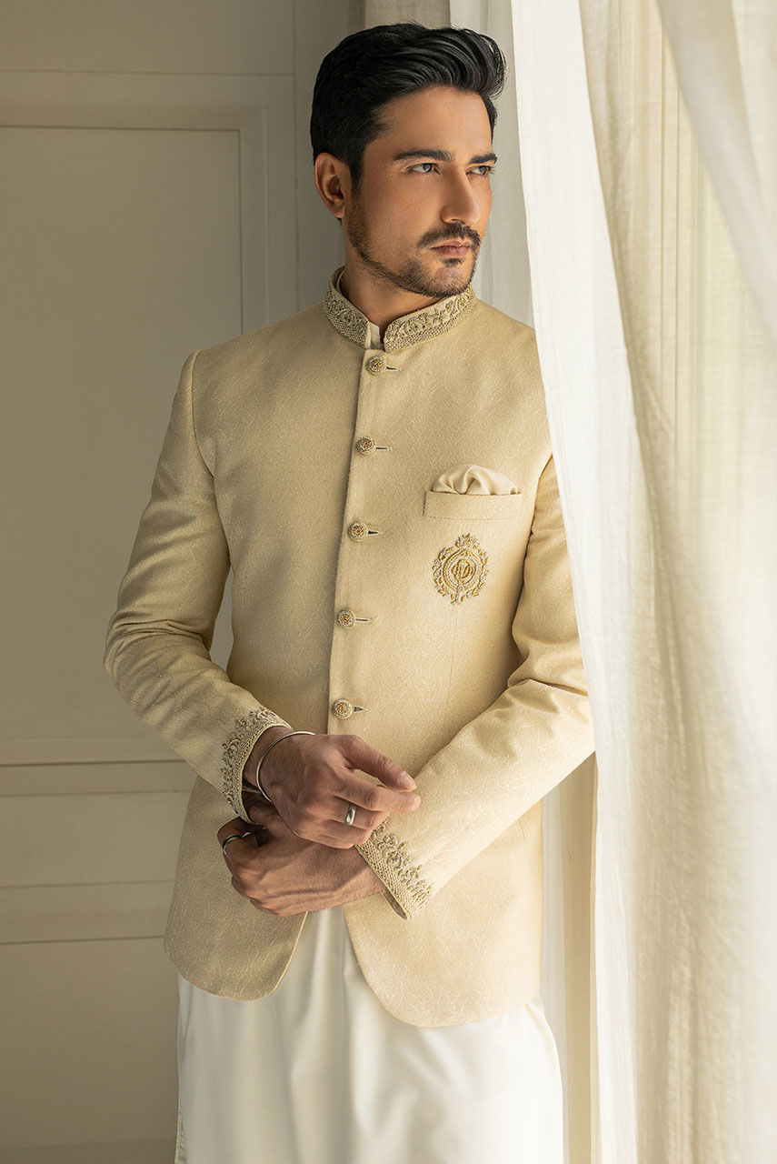 Ivory Hand Embroidered Atlas Jamawar Prince Coat (3-Piece) - Image 2