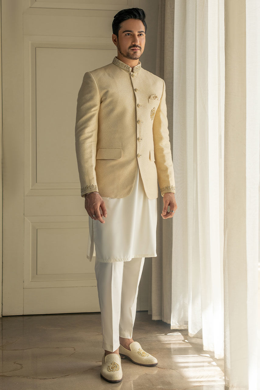 Ivory Hand Embroidered Atlas Jamawar Prince Coat (3-Piece) - Image 3