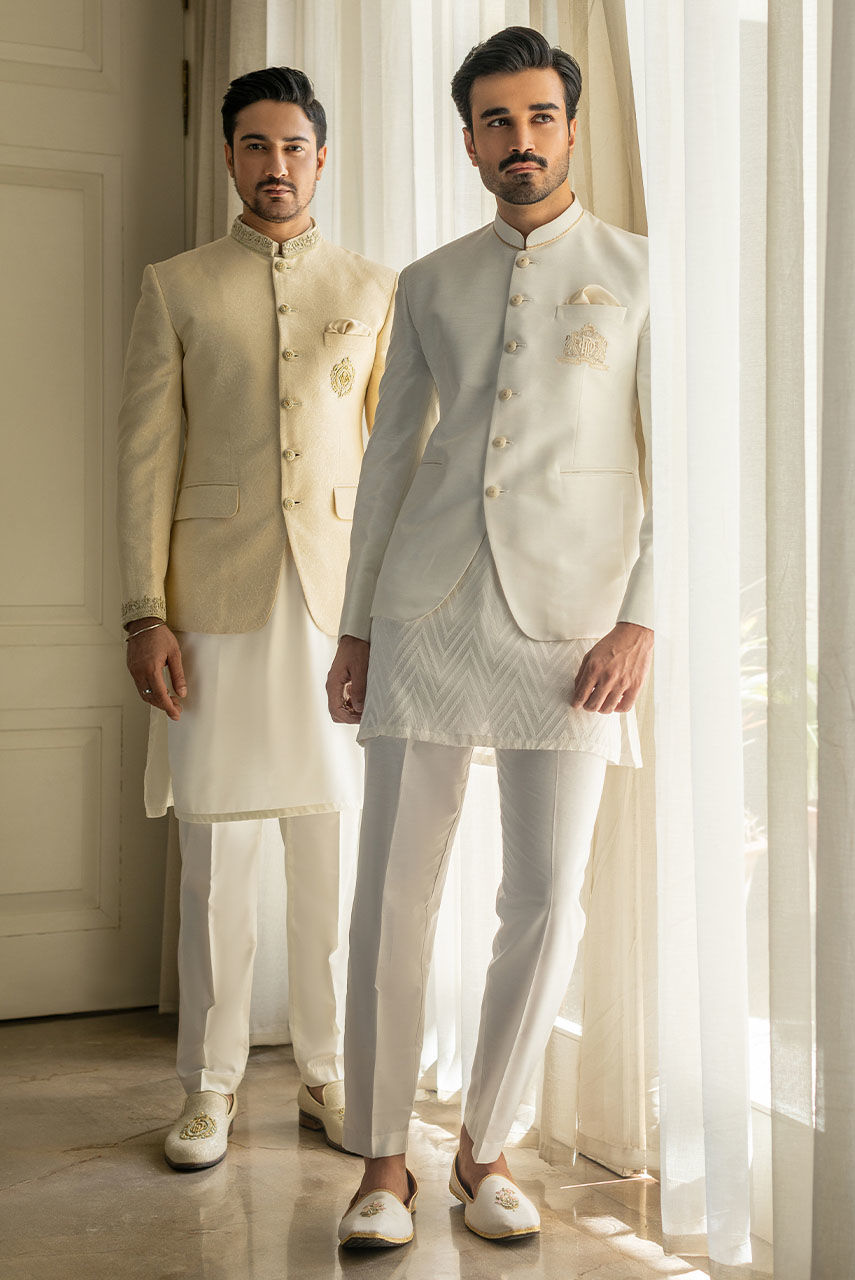 Ivory Hand Embroidered Atlas Jamawar Prince Coat (3-Piece) - Image 6