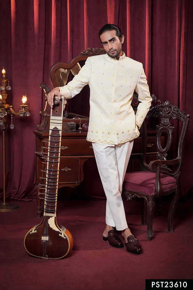 Off-White Embroidered Baar Silk Prince Suit (3-Piece) - Image 1