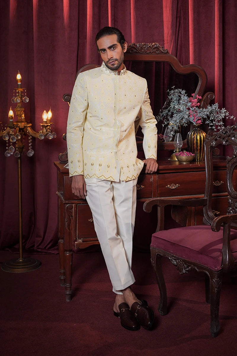 Off-White Embroidered Baar Silk Prince Suit (3-Piece) - Image 2