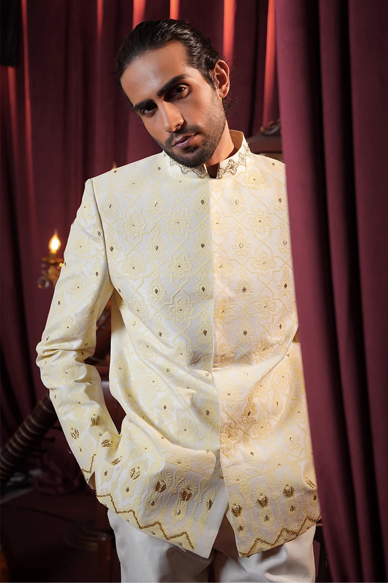 Off-White Embroidered Baar Silk Prince Suit (3-Piece) - Image 3