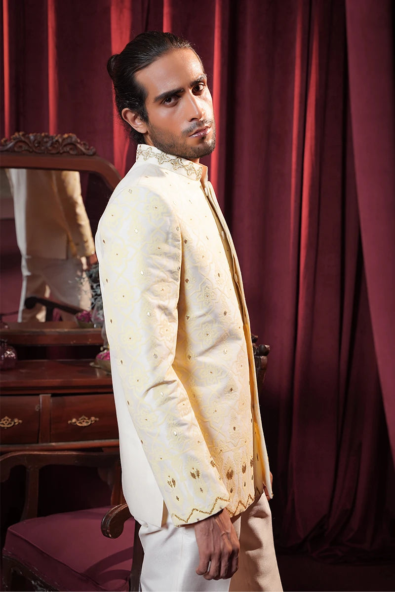 Off-White Embroidered Baar Silk Prince Suit (3-Piece) - Image 4