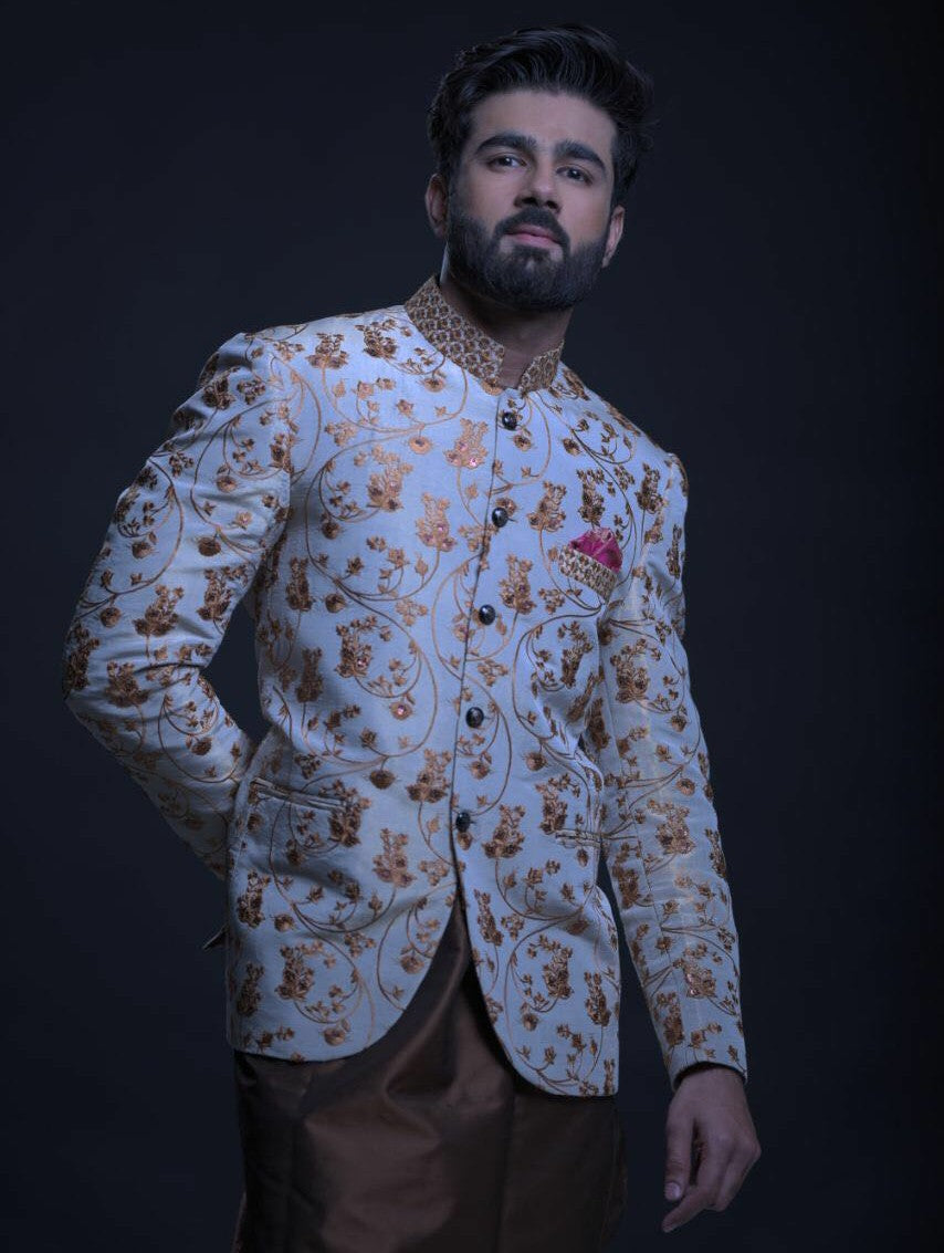 Ivory Sequin Embroidered Banarsi Prince Coat (1-Pc) - Image 1