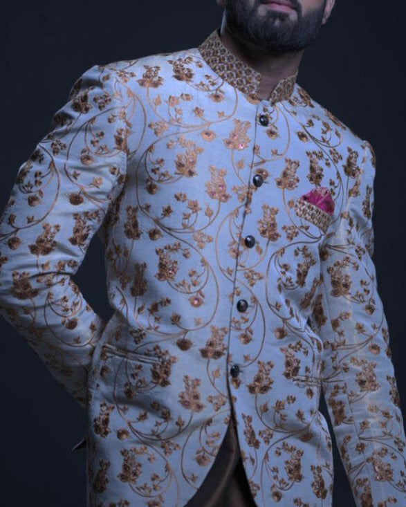 Ivory Sequin Embroidered Banarsi Prince Coat (1-Pc) - Image 2