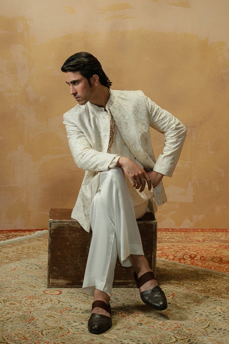 Ivory Resham Embroidered Boski Prince Coat (3-Piece) - Image 4