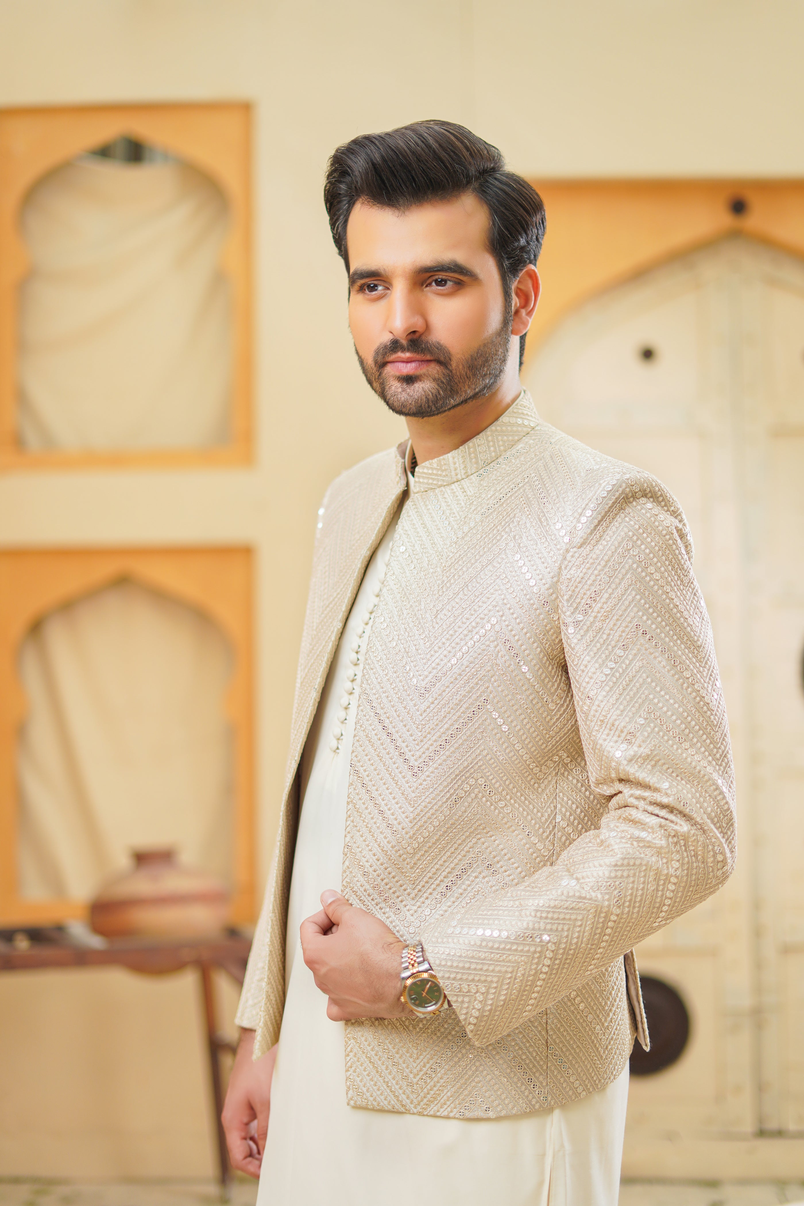 Ivory Gold Sequin Embroidered Prince Coat (3-Piece) - Image 2