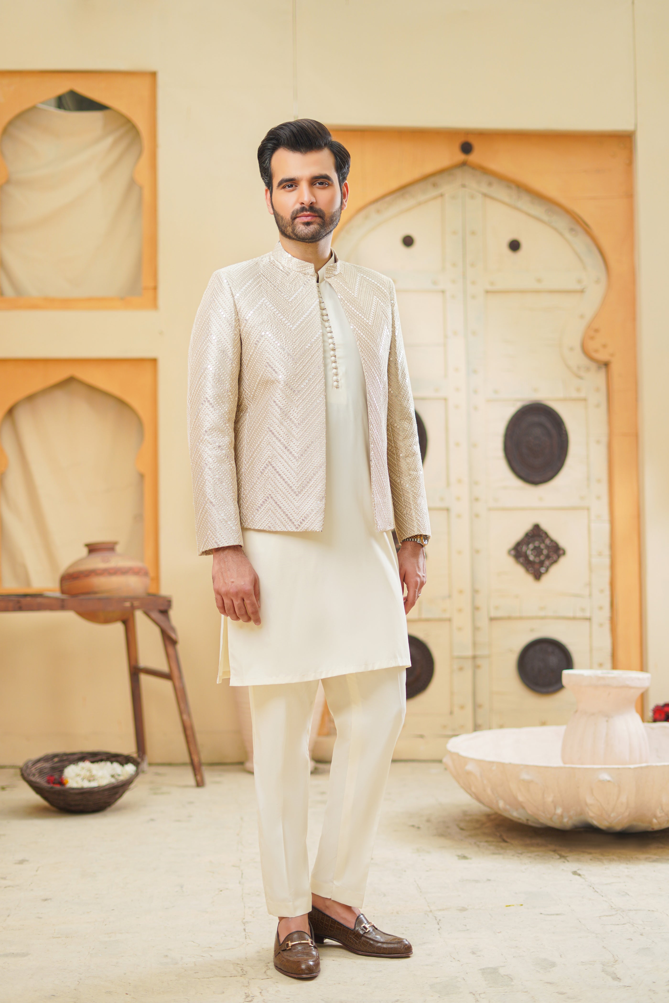 Ivory Gold Sequin Embroidered Prince Coat (3-Piece) - Image 3