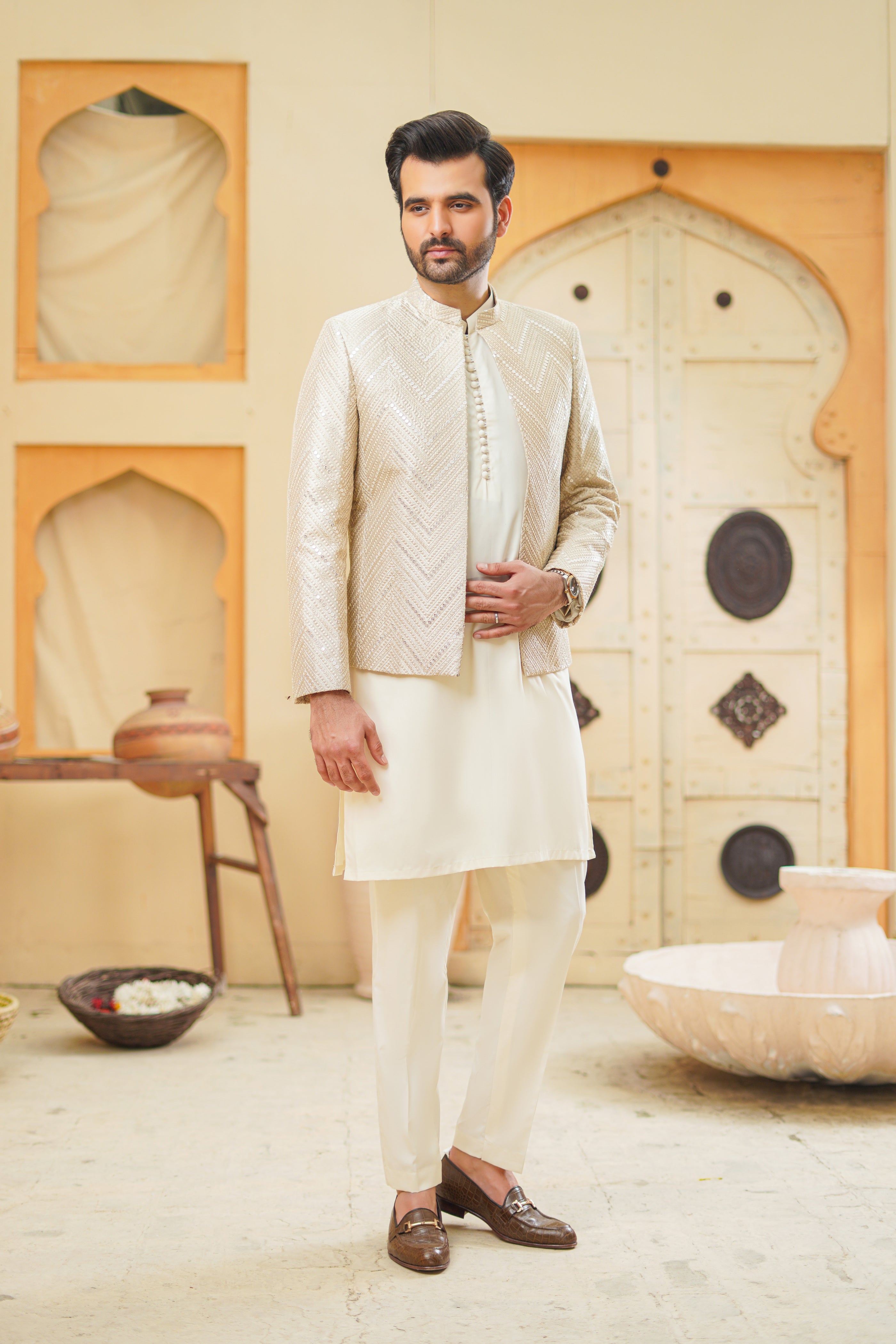 Ivory Gold Sequin Embroidered Prince Coat (3-Piece) - Image 4