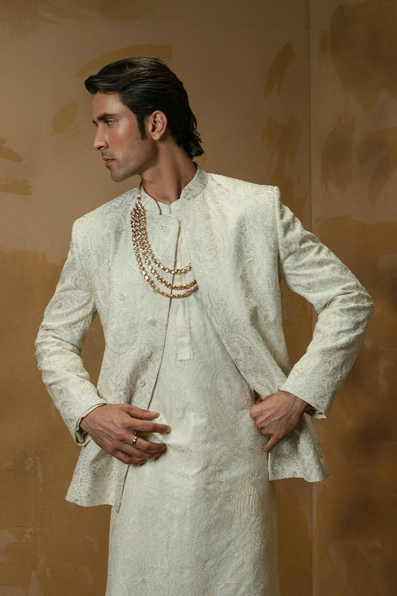 Ivory Resham Embroidered Boski Silk Prince Coat (3-Piece) - Image 2