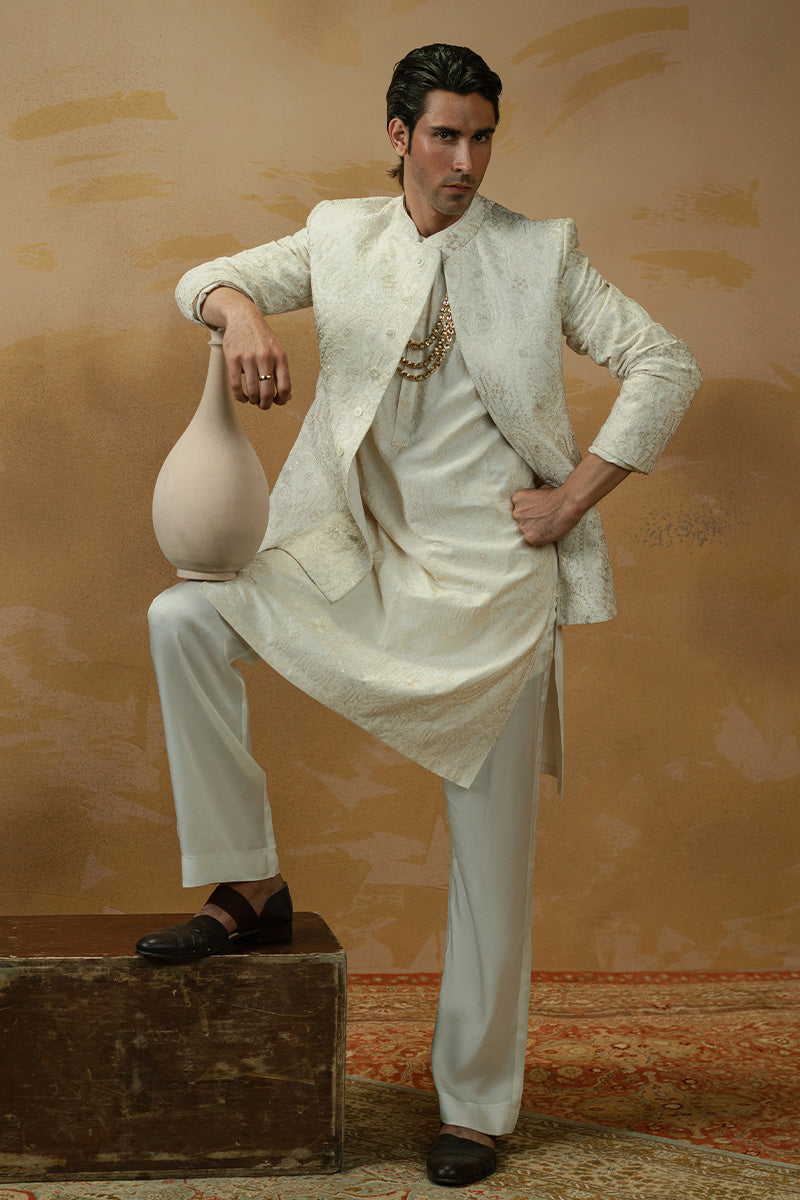 Ivory Resham Embroidered Boski Silk Prince Coat (3-Piece) - Image 3