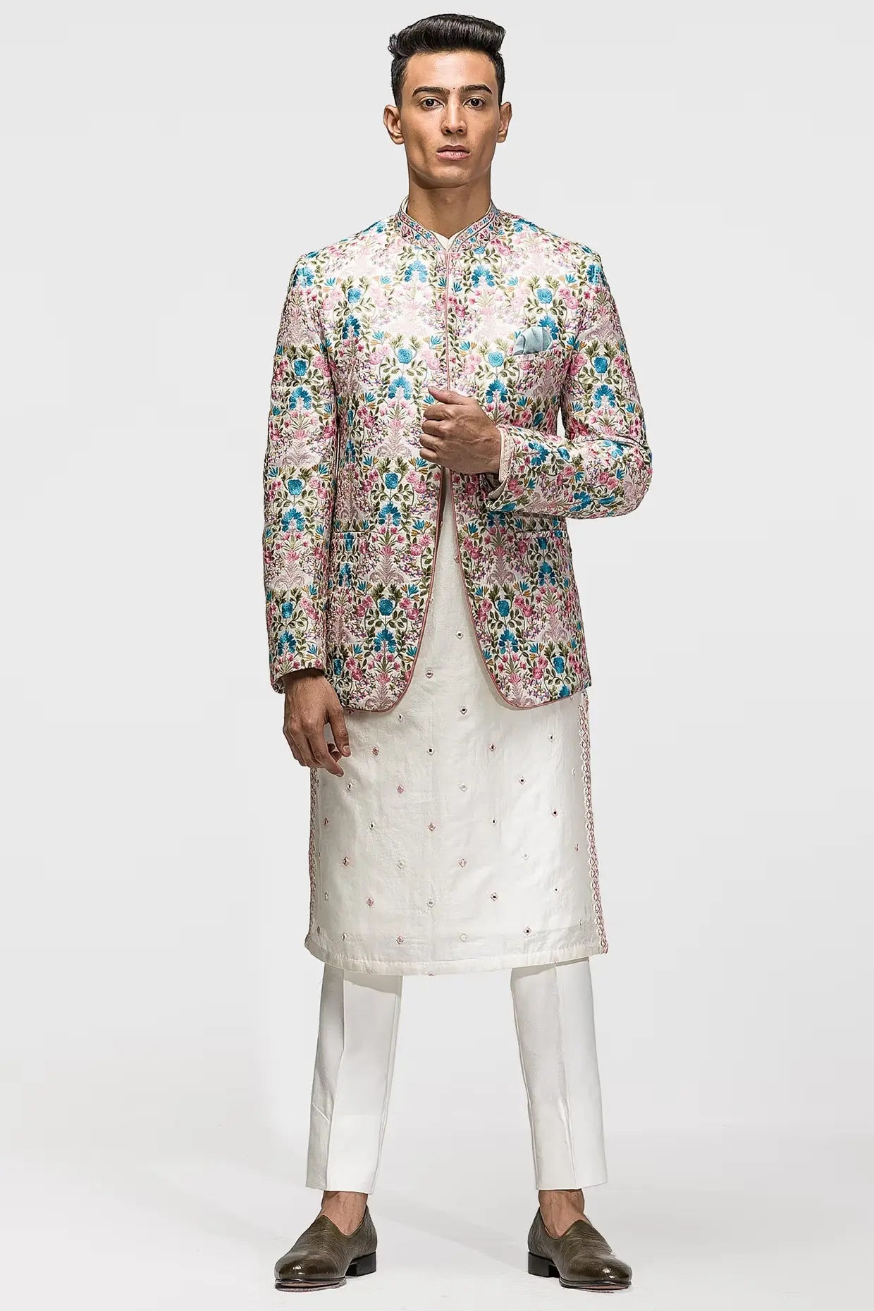 Multicoloured Resham Embroidered Chanderi Silk Bandhgala (3-Piece) - Image 1