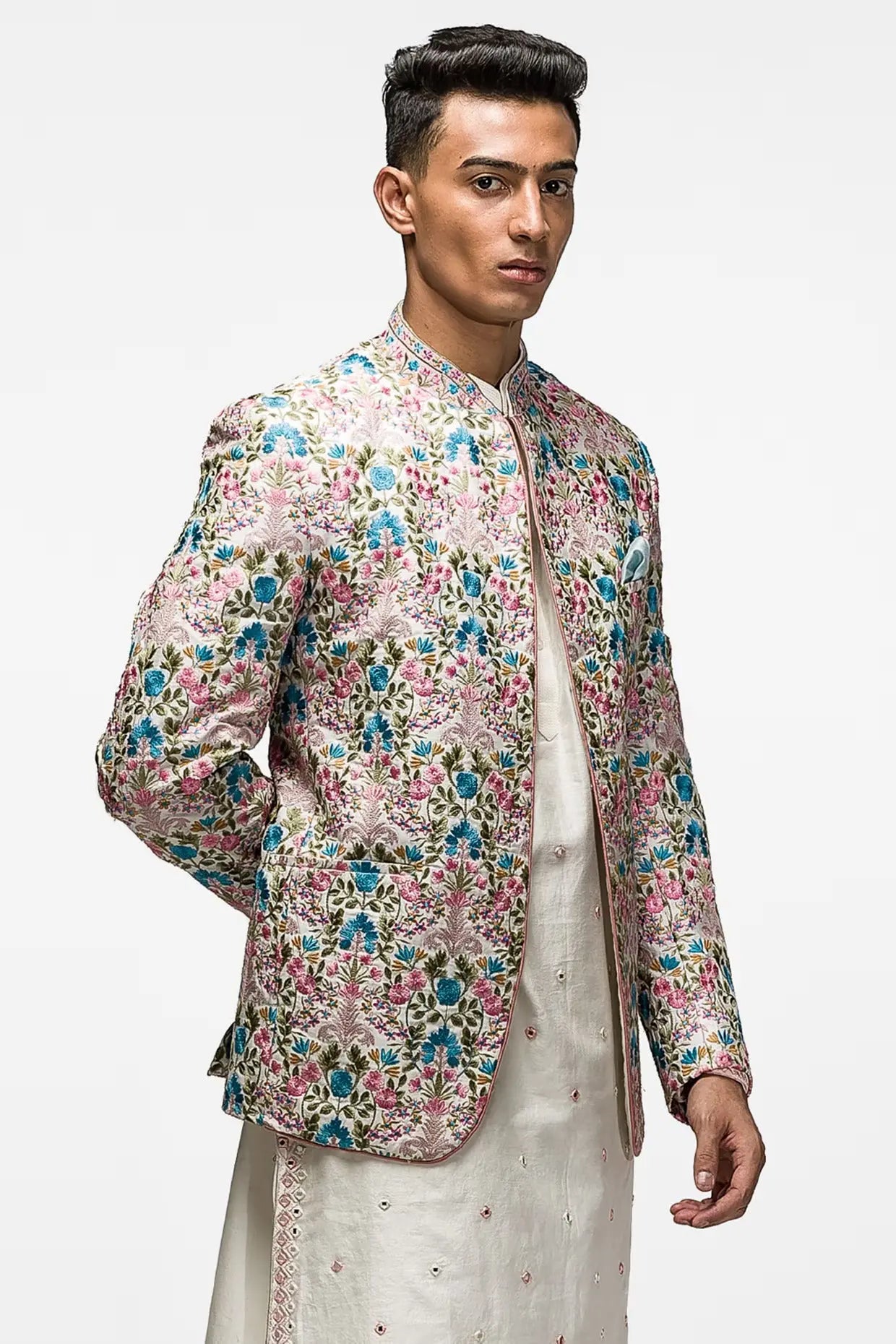 Multicoloured Resham Embroidered Chanderi Silk Bandhgala (3-Piece) - Image 3