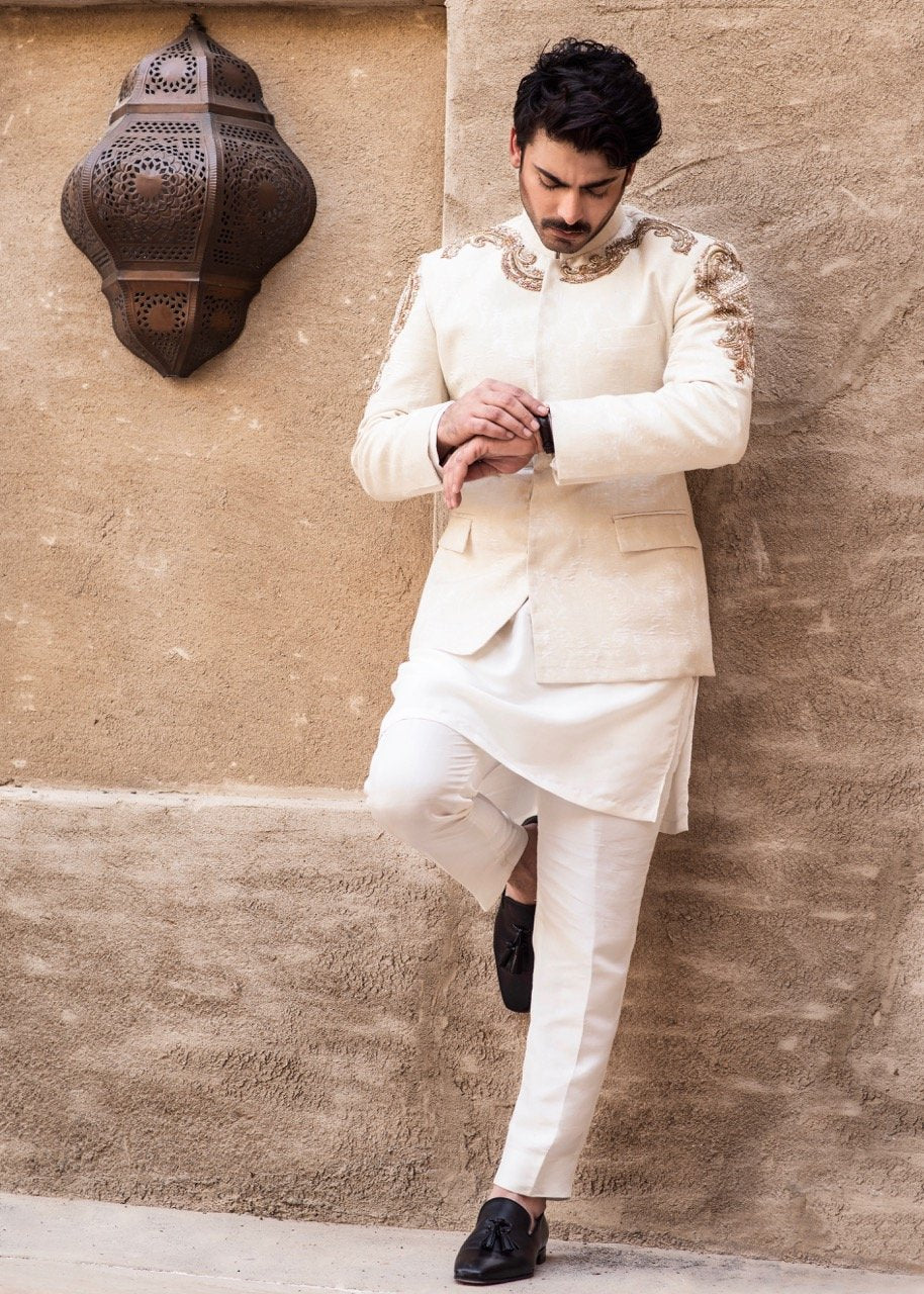 Off-White Handworked Cotton Karandi Prince Coat (3-Piece) - Image 1