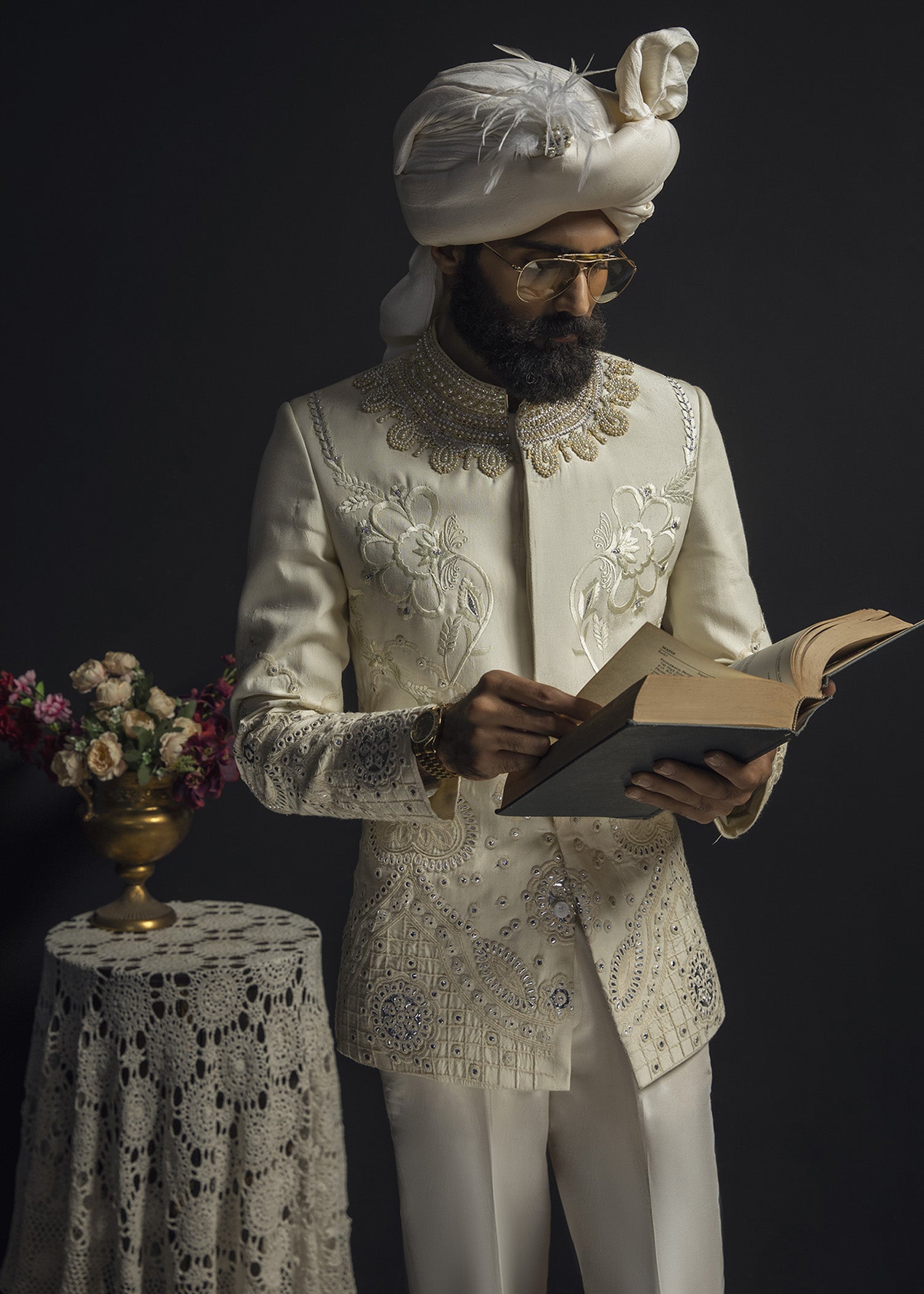 Ivory Silver-Embroidered Cotton Prince Coat (2-Piece) - Image 1