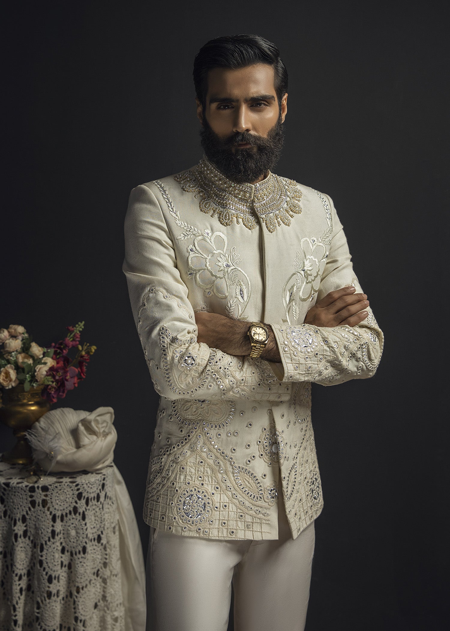 Ivory Silver-Embroidered Cotton Prince Coat (2-Piece) - Image 2
