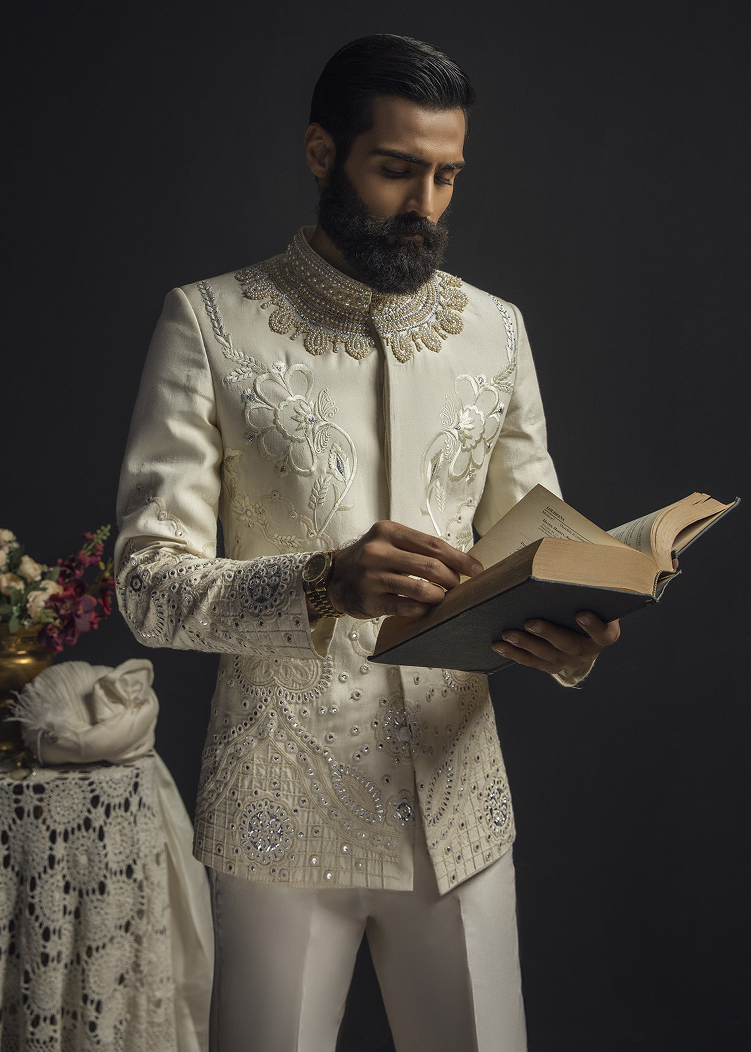 Ivory Silver-Embroidered Cotton Prince Coat (2-Piece) - Image 3