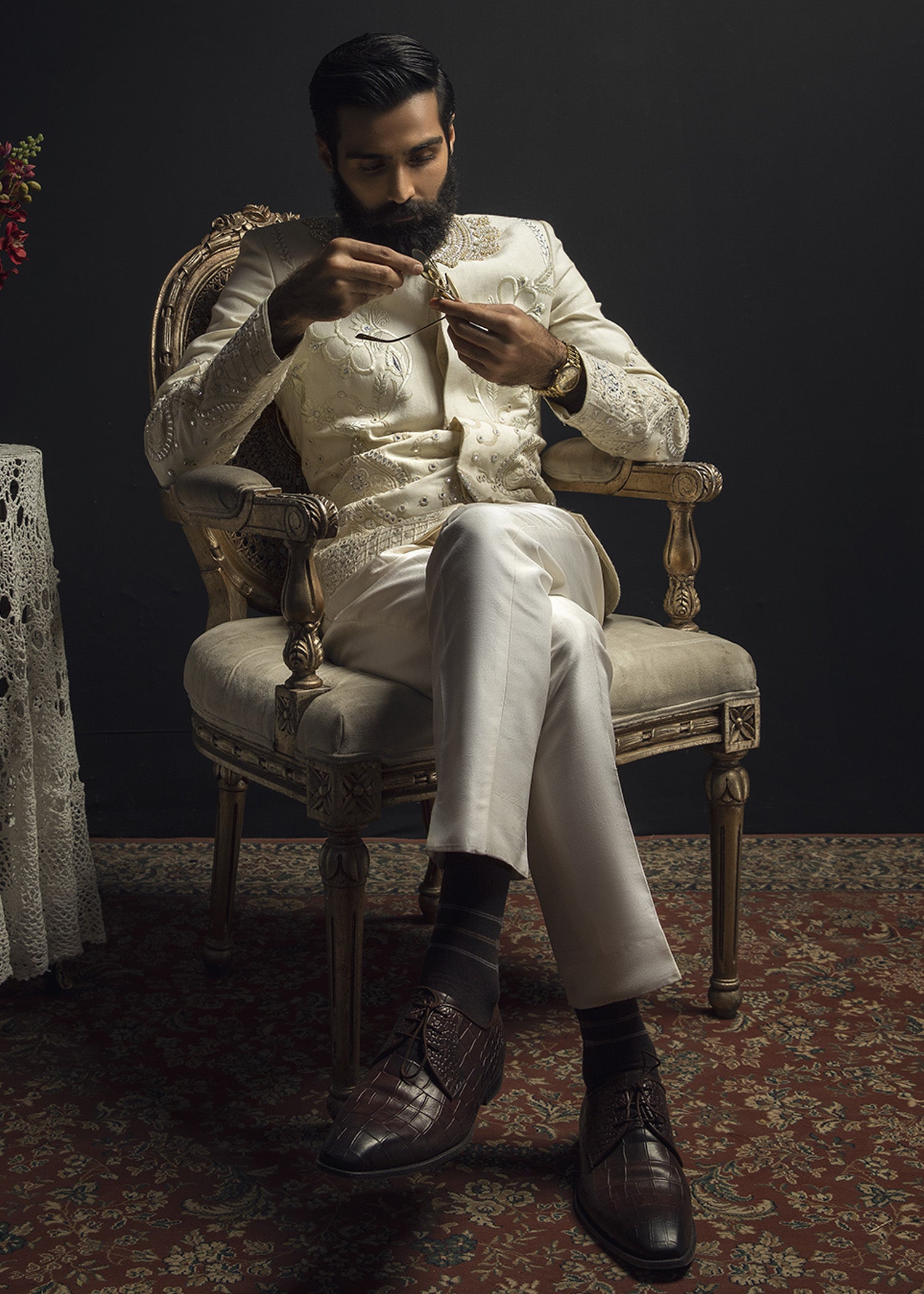 Ivory Silver-Embroidered Cotton Prince Coat (2-Piece) - Image 4