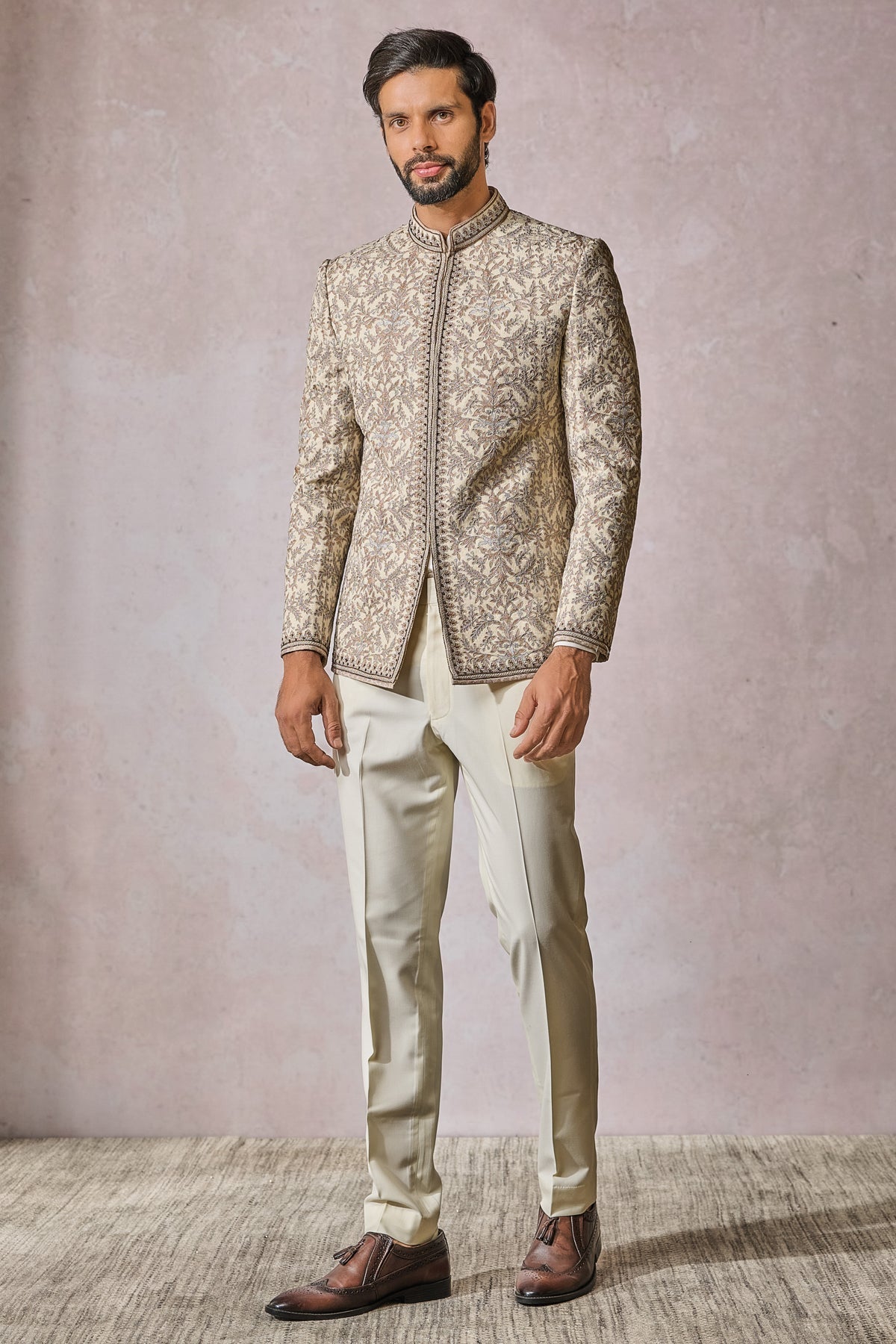 Ivory Embroidered Cotton Moss Prince Coat (3-Piece) - Image 1