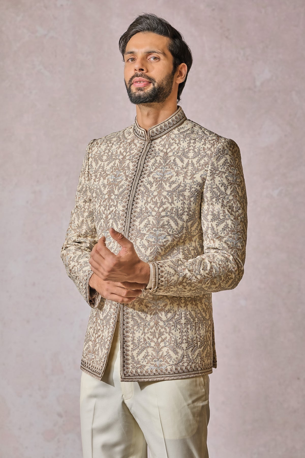 Ivory Embroidered Cotton Moss Prince Coat (3-Piece) - Image 3