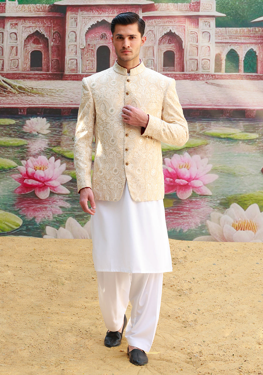 Cream Embroidered Cotton Net Prince Coat (3-Piece) - Image 1