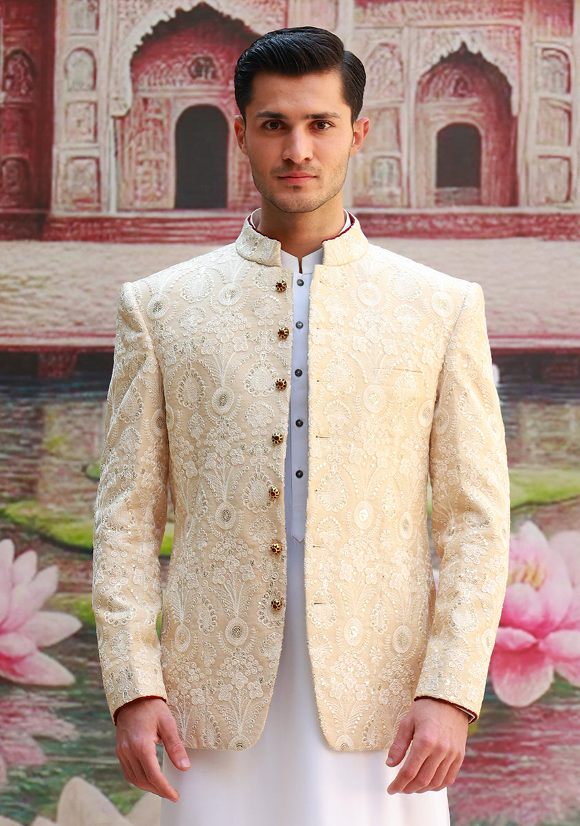 Cream Embroidered Cotton Net Prince Coat (3-Piece) - Image 3