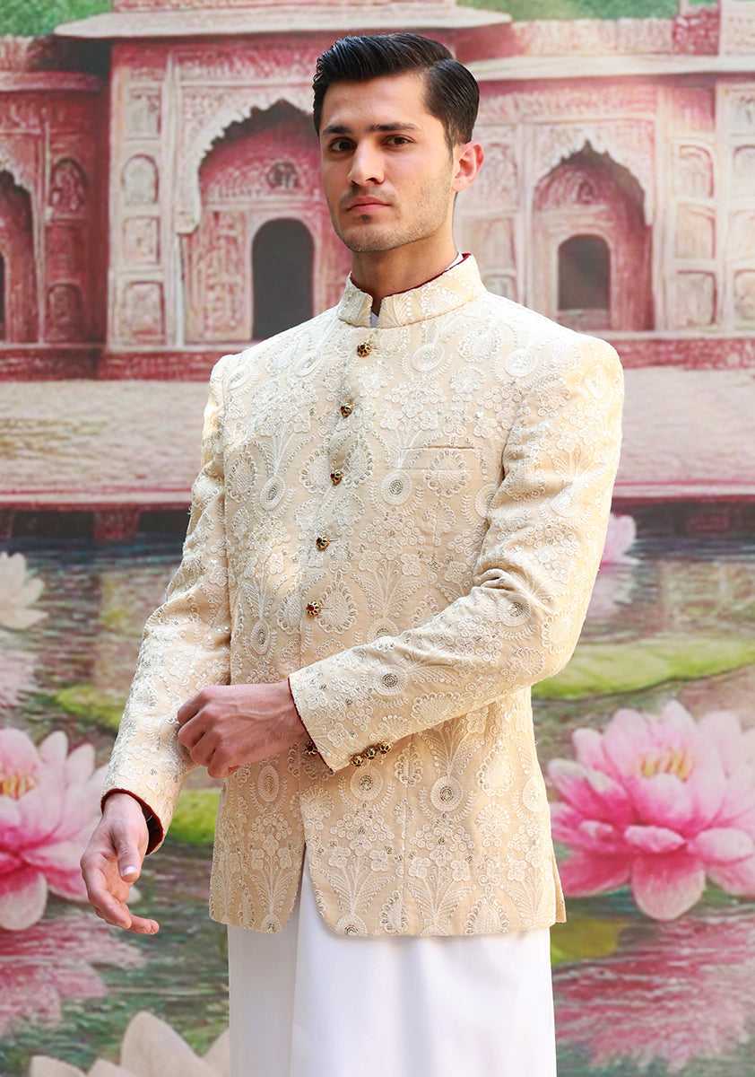 Cream Embroidered Cotton Net Prince Coat (3-Piece) - Image 4