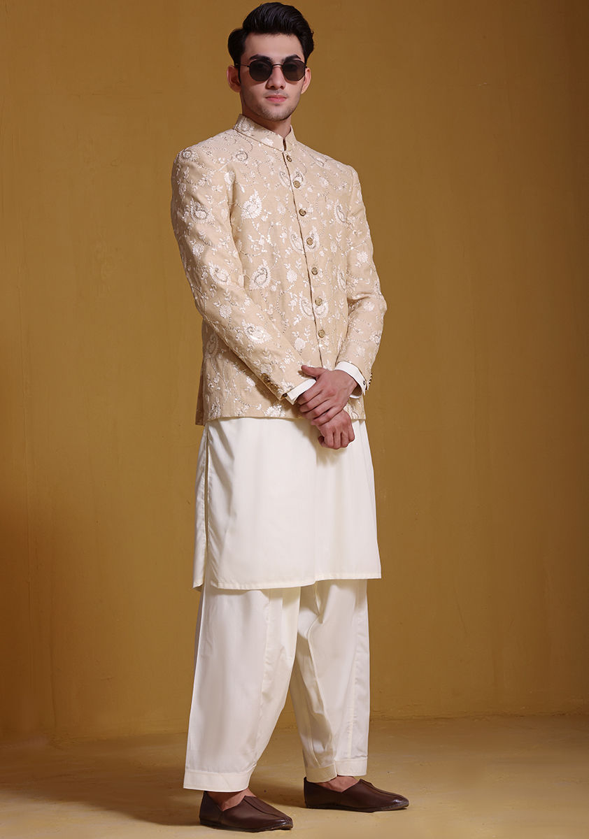Cream Embroidered Cotton Net Prince Coat (3-Piece) - Image 1